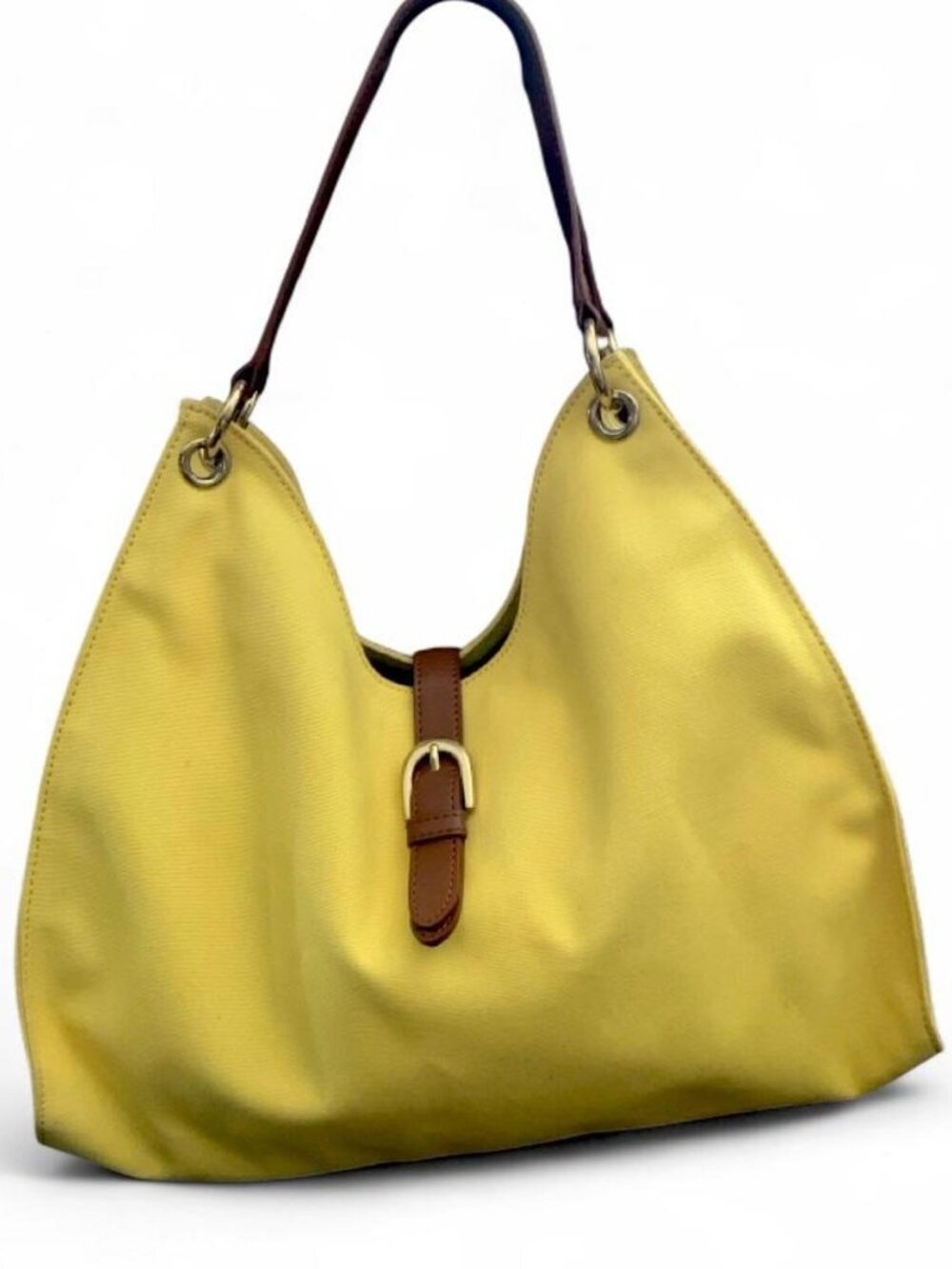 Talbots Yellow Canvas Slouchy Hobo Shoulder Tote Bag - Brown Leather Strap - GUC